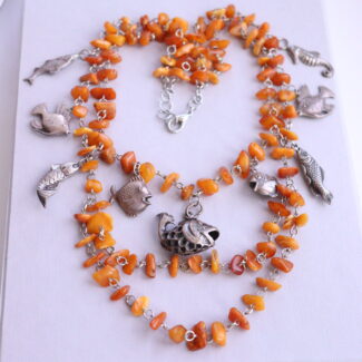 Natural Egg Yolk  Vintage  Amber Necklace with  Silver Vintage Charm Fishes