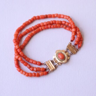 Vintage 3 Row Coral Bracelet Dutch Clasp 14k Yellow Gold