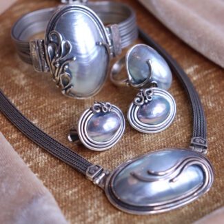 Vintage Blue Mabe Pearl Set Ring Bracelet Earrings Collier Top Luster Silver 925
