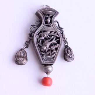 Antique Vintage Chinese Silver Vase Shape Pendant Coral Bead and 2 Bead Jingles