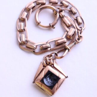 Antique Watch Chain Art Nouveau Onyx Gemma Pendant Gold Plated
