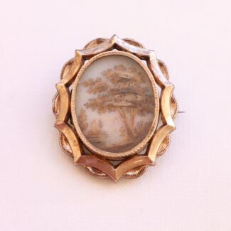 Antique Mourning Hair Landscape Sepia Brooch Gold Foil Victorian Era 1840
