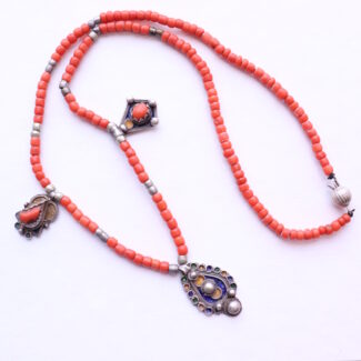 Antique Vintage Tribal Berber Moroccan Boho Coral Necklace with Silver Ornaments