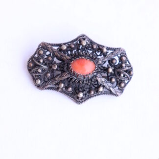 Vintage Antique Coral Brooch Pin Filigree Silver 900