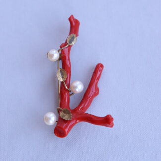 Vintage Branch Coral Brooch Gold Filled Leaves & Pearls