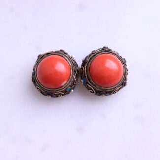 Antique Vintage Chinese Filigree Silver Coral Ear Clips Earrings