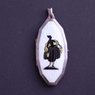 Antique Vintage Enamel Sterling Silver Locket Pendant with Lady